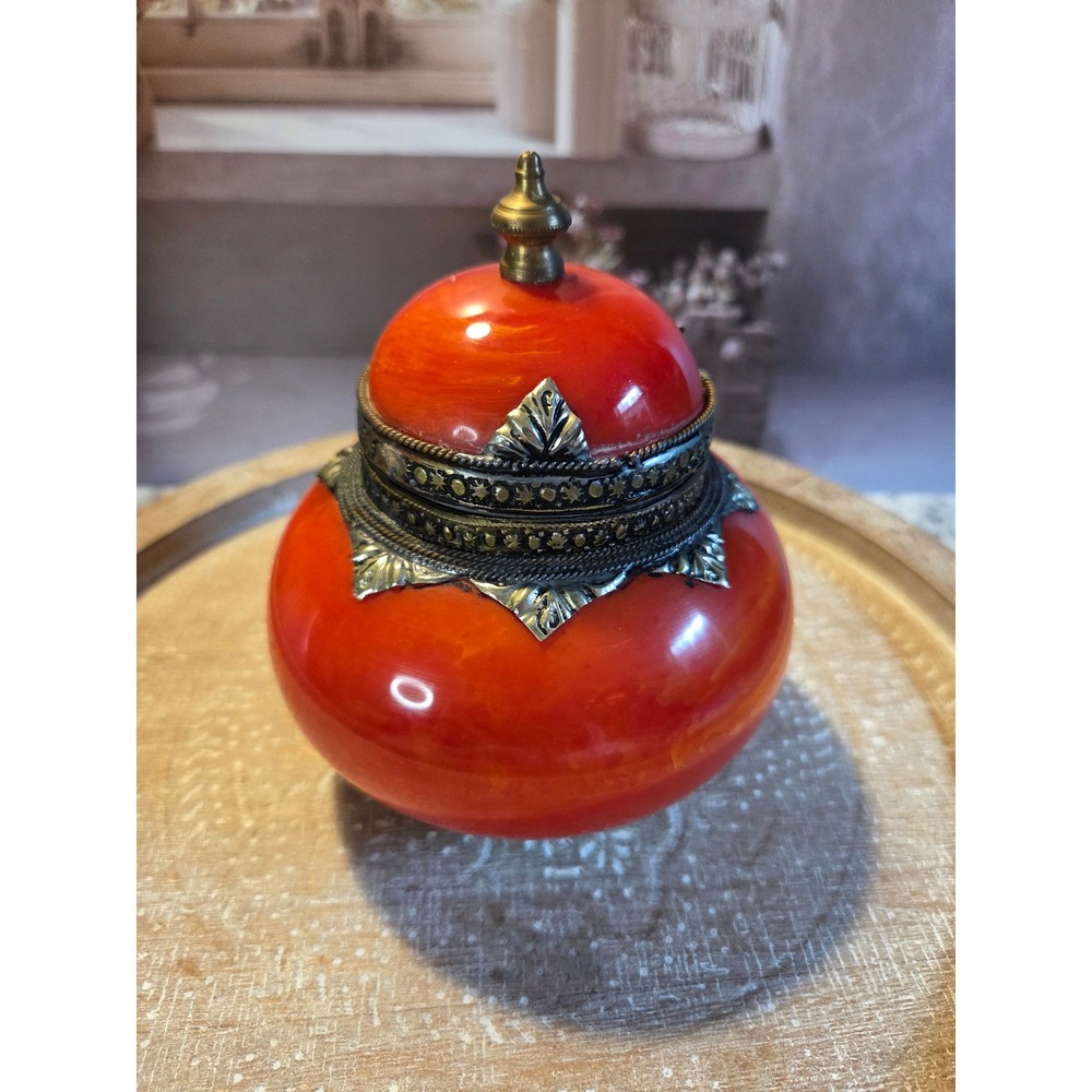 Vintage Morrocan Orange Alabaster Brass Filigree Trinket or Tea Jar Finial Lid